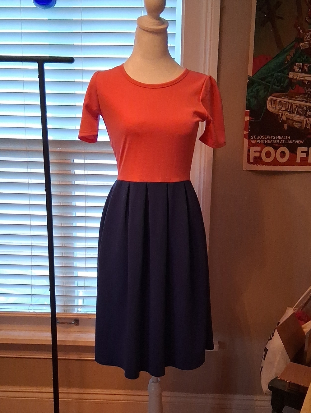 Two-Tone Orange and Navy A-Line Skirted Dress
